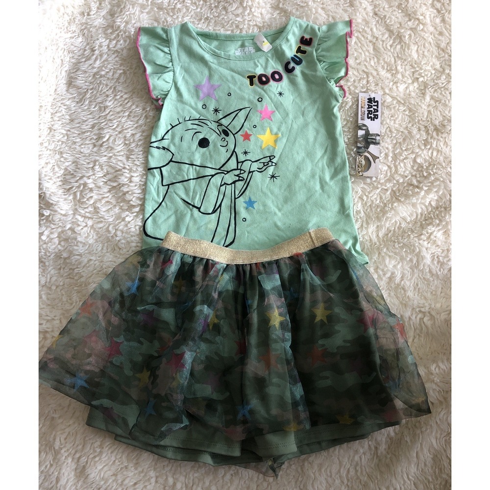 Baby Yoda T Shirt Tutu Skirt Outfit Star Wars Girls Size 4T Green Too Cute New